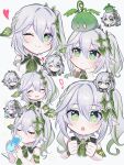  1girl closed_mouth dress drinking expressions genshin_impact genshin_impact_sticker_redraw_(meme) green_eyes green_hair hair_ornament head_rest highres leaf_hair_ornament light_blush looking_at_viewer meme moe_(lmi84) multicolored_hair nahida_(genshin_impact) one_eye_closed pointy_ears reference_inset side_ponytail simple_background sleeveless sleeveless_dress slime_(genshin_impact) smile streaked_hair two-tone_hair white_background white_hair 