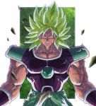 1boy absurdres blank_eyes border bracer broly_(dragon_ball_super) chinese_commentary clenched_teeth closed_mouth collar commentary cowboy_shot dragon_ball dragon_ball_super dragon_ball_super_broly fur_(clothing) green_background green_hair highres legendary_super_saiyan looking_at_viewer male_focus medium_hair muscular muscular_male open_mouth outside_border pectorals rubble saiyan_armor scar scar_on_arm scar_on_cheek scar_on_chest scar_on_face shank solo sparks spiked_hair super_saiyan teeth white_border white_collar 