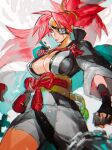  1girl absurdres amputee baiken big_hair black_jacket black_kimono breasts claw_(weapon) eyepatch facial_tattoo guilty_gear guilty_gear_xrd highres jacket jacket_on_shoulders japanese_clothes kataginu kimono large_breasts looking_to_the_side multicolored_clothes multicolored_kimono one-eyed pink_hair ponytail red_eyes samurai sash scar scar_across_eye scar_on_face tattoo weapon white_kimono yohane_shimizu 