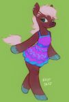  animal_crossing anthro artist_name blonde_hair bow_accessory brown_body brown_fur brown_nose clothed clothing dress ear_piercing equid equine eyelashes female frilly frilly_clothing fur green_background green_eyes hair hooves horse looking_at_viewer mammal nintendo piercing purple_clothing reneigh_(animal_crossing) signature simple_background smile solo standing tail walking waspsalad 