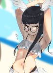  1girl absurdres arm_over_head armpits arms_up asymmetrical_hair beach bespectacled bikini bird_girl bird_tail bird_wings black-framed_eyewear black-headed_ibis_(kemono_friends) black_hair blue_sky blunt_bangs blurry blurry_background breasts brown_eyes closed_mouth collarbone dappled_sunlight day dutch_angle eyelashes gakukuru glasses half-closed_eye head_wings highres horizon kemono_friends layered_bikini layered_clothes light_blush long_hair looking_at_viewer navel ocean outdoors round_eyewear sand side_ponytail sky small_breasts solo stomach sunlight swimsuit tail underboob upper_body very_long_hair water wings 