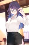  1girl ahoge black-framed_eyewear blue_hair breasts collared_shirt colored_inner_hair glasses highres iyotsuki11 kson large_breasts long_hair looking_at_viewer miniskirt multicolored_hair pencil_skirt purple_hair shirt skirt smile solo virtual_youtuber vshojo white_shirt 