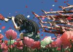  2girls at_gunpoint black_hair black_socks blood blood_on_hands blue_dress blue_sky blurry blurry_foreground brown_footwear closed_eyes closed_mouth commentary_request dress flower flower_request gun hand_on_own_hip highres holding holding_gun holding_weapon inoue_takina kneehighs kneeling long_hair long_sleeves lycoris_recoil lycoris_uniform mochi_(m0chi0000) motion_blur multiple_girls nishikigi_chisato outdoors petals pleated_dress short_sleeves sidelocks sky socks too_many_hands two-tone_dress weapon 
