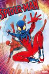  2boys blue_bodysuit bodysuit building city highres logo lucianovecchio marvel mask multiple_boys new_york official_art outstretched_arms peter_parker red_bodysuit shoes sky sneakers spider-boy_(spider-man) spider-man spider-man_(series) spider_web_print superhero swinging 
