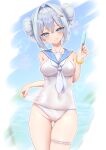  1girl :p absurdres ass_visible_through_thighs azur_lane blue_eyes blush bracelet breasts casual_one-piece_swimsuit clothes_pull collarbone covered_navel crossed_bangs double_bun food hair_between_eyes hair_bun hair_intakes hair_ornament hairclip hand_up highres holding holding_popsicle jade_(a_lick_of_summer)_(azur_lane) jade_(azur_lane) jewelry medium_breasts official_alternate_costume one-piece_swimsuit pink_nails popsicle qian_hen sailor_collar sailor_one-piece_swimsuit solo swimsuit thigh_gap thigh_strap tongue tongue_out white_hair white_one-piece_swimsuit 