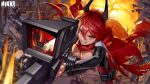  1girl absurdres artist_request black_pants breasts cleavage explosion goddess_of_victory:_nikke gun hair_between_eyes highres holding holding_gun holding_weapon horns large_breasts long_hair long_sleeves mechanical_horns official_art orange_eyes pants rapture_(nikke) red_hair red_hood_(nikke) red_scarf rifle scarf second-party_source smile sniper_rifle solo teeth very_long_hair watermark weapon 