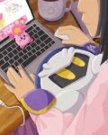  1other blue_eyes blush_stickers cable candy computer cup food highres kirby kirby_(series) laptop macbook mask meta_knight miclot mug open_mouth pink_footwear pink_sweater purple_skirt shoes skirt smile sweater table yellow_eyes 