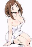  1girl artist_name bare_shoulders blush boku_no_hero_academia breasts brown_eyes cleavage collarbone from_above hand_on_own_chest looking_to_the_side medium_breasts naked_towel parted_lips relaxjon short_hair sitting solo towel uraraka_ochako white_background 