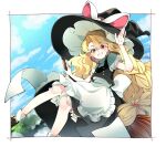  1girl apron black_headwear black_jacket black_skirt blonde_hair border buruma cloud hat jacket kirisame_marisa long_hair looking_at_viewer meji_aniki oversized_hat red_eyes shirt short_sleeves skirt smile solo touhou unfinished_dream_of_all_living_ghost very_long_hair white_apron white_border white_buruma white_shirt witch_hat 