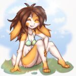  anthro elronya fan_character female freckles giggle grass hair happy lagomorph laugh leporid long_hair mammal plant rabbit ronya sitting solo suvi_(elronya) 