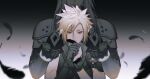  2boys armor asymmetrical_arms black_feathers black_gloves blonde_hair cloud_strife elbow_gloves expressionless feathers final_fantasy final_fantasy_vii gloves gradient_background green_eyes hao_xiang_yishui_bu_xing high_collar highres holding holding_feather long_hair long_sleeves male_focus messy_hair multiple_boys pauldrons sephiroth short_hair short_sleeves shoulder_armor single_elbow_glove single_pauldron smile smirk standing white_hair 