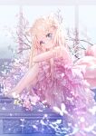  1girl absurdres animal_ear_fluff animal_ears bare_shoulders blonde_hair blue_eyes blush branch closed_mouth commentary_request dress flower fox_ears fox_girl fox_tail from_side highres long_hair looking_at_viewer looking_to_the_side original peas_(peas0125) pink_dress pink_flower shoes smile solo tail very_long_hair white_footwear 