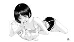  1girl :3 absurdres bare_shoulders blush breasts camisole cat cat_teaser cat_testicles cleavage full_body greyscale hamao highres lying medium_breasts monochrome on_side original playing short_hair short_shorts shorts smile solo 