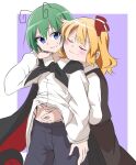  2girls androgynous antennae black_cape black_skirt black_vest blonde_hair blue_eyes blue_shorts cape closed_eyes closed_mouth collared_shirt cowboy_shot green_hair hair_ribbon hand_on_another&#039;s_stomach long_sleeves medium_hair multiple_girls navel red_cape red_ribbon ribbon rumia shinmon_akika shirt short_hair shorts skirt skirt_set smile touhou two-sided_cape two-sided_fabric vest wavy_mouth white_shirt wriggle_nightbug 