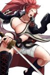  1girl absurdres amputee ass_visible_through_thighs baiken big_hair black_jacket black_kimono breasts cleavage eyepatch guilty_gear guilty_gear_strive highres holding holding_sword holding_weapon jacket jacket_on_shoulders japanese_clothes katana kimono large_breasts long_hair multicolored_clothes multicolored_kimono one-eyed open_clothes open_kimono pink_hair ponytail red_eyes samurai sandals scar scar_across_eye scar_on_face souma_(so_u_maaaaa) sword torn_sleeve weapon white_kimono 