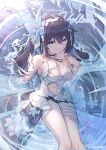  1girl absurdres bare_shoulders black_hair blue_eyes breasts caisena chest_tattoo closed_mouth colored_inner_hair dress flower hair_between_eyes hair_flower hair_ornament highres honkai_(series) honkai_impact_3rd long_hair looking_at_viewer multicolored_hair seele_vollerei seele_vollerei_(herrscher_of_rebirth) simple_background smile solo tattoo upper_body very_long_hair white_dress 