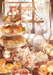  biscuit_(bread) bow cake_stand candle cookie cup cupcake curtains english_text food fruit highres indoors jam jar milk nao_(bestrollever) no_humans orange_(fruit) orange_slice original plate red_bow sandwich saucer spoon sugar_cube teapot tray window 