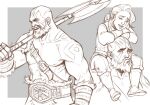  1boy 1girl abs armor arms_on_head axe bare_pectorals battle_axe beard chest_belt collage critical_role cropped_torso dea_(dealunart) facial_hair greyscale grog_strongjaw mature_male monochrome muscular muscular_male nipples over_shoulder pauldrons pectorals pike_(critical_role) pout short_hair shoulder_armor sideburns single_pauldron sitting_on_shoulder smile the_legend_of_vox_machina weapon weapon_over_shoulder 