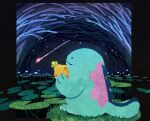  berry_(pokemon) closed_mouth food highres holding holding_food kilineko lily_pad night no_humans outdoors pokemon pokemon_(creature) quagsire shooting_star sitting solo tree 