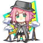  1girl :&lt; arknights artist_name bare_shoulders black_headwear black_shorts bow braid cane caution_tape chibi dated green_eyes hair_bow highres holding holding_cane holding_smoking_pipe may_(arknights) off-shoulder_coat off_shoulder pink_hair rryy shirt short_hair_with_long_locks shorts sleeveless sleeveless_shirt smoking_pipe solo trench_coat twin_braids white_bow white_shirt 