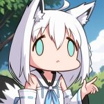  1girl :o ahoge ai-assisted alt_text animal_ear_fluff animal_ears blue_eyes blue_neckerchief blue_sky braid bush chibi cloud commentary_request face_of_the_people_who_sank_all_their_money_into_the_fx_(meme) fox_ears fox_girl fox_tail hair_between_eyes hand_up hololive long_hair meme merrytail neckerchief outdoors parted_lips shirakami_fubuki shirakami_fubuki_(1st_costume) side_braid single_braid sky solo tail tree upper_body virtual_youtuber white_hair 