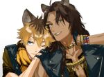  2boys ahoge animal_ears bite_mark bite_mark_on_neck black_gloves black_vest blue_eyes braid brown_hair dark-skinned_male dark_skin fangs fingerless_gloves gloves green_eyes grin highres hyena_boy hyena_ears jewelry leona_kingscholar lion_boy lion_ears long_hair male_focus mirin_(coene65) multiple_boys multiple_bracelets necklace one_eye_closed ruggie_bucchi scar scar_across_eye simple_background slit_pupils smile twisted_wonderland vest white_background yaoi 