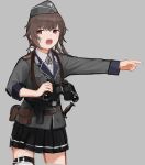  1girl belt binoculars black_skirt brown_belt brown_hair cross garrison_cap girls&#039;_frontline grey_background grey_jacket handle hat highres holding holding_binoculars holster iron_cross jacket long_sleeves medium_hair military military_hat military_uniform open_mouth p38_(girls&#039;_frontline) pointing pointing_forward pouch rampart1028 shirt simple_background skirt sleeve_rolled_up solo uniform white_shirt 