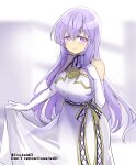  1girl bare_shoulders breasts circlet dress fire_emblem fire_emblem:_genealogy_of_the_holy_war gloves holding holding_clothes holding_dress julia_(fire_emblem) long_hair purple_eyes purple_hair simple_background smile solo yukia_(firstaid0) 