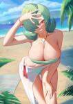  1girl absurdres arm_up bare_shoulders beach bikini blue_sky blurry blurry_background blush bracelet breasts cameltoe chinese_commentary cloud collarbone commentary day dutch_angle gardevoir green_bikini green_eyeliner green_hair grin hair_over_one_eye half-closed_eyes hand_on_own_head hand_on_own_thigh happy head_tilt highres huan_biao_xiang huge_breasts humanization jewelry leaf leaning_forward legs_together looking_at_viewer mega_stone mole mole_on_breast necklace one_eye_covered outdoors poke_ball_theme pokemon pokemon_(creature) red_eyes sand sarong see-through_sarong shiny_skin short_hair sidelocks skindentation sky smile solo standing strapless strapless_bikini swimsuit teeth towel white_sarong 