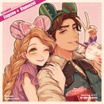  1boy 1girl ;) bow braid brown_eyes brown_hair character_name copyright_name cup dress drinking facial_hair flynn_rider food fur_trim green_eyes hair_bow hand_up hetero holding holding_cup hug hug_from_behind instagram_username long_hair long_sleeves mickey_mouse_ears mizala one_eye_closed pink_background pink_bow purple_dress rapunzel_(disney) simple_background smile stubble tangled twitter_username upper_body v watermark 