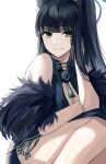  1girl :d animal_ear_fluff animal_ears bare_shoulders black_hair blue_archive breasts cleavage closed_mouth dress fur_trim green_eyes high_ponytail highres hime_cut long_hair nicky_w shun_(blue_archive) smile solo upper_body white_background 
