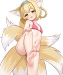  1girl animal_ears arknights ass barefoot blonde_hair blush braid fanteam fox_ears fox_tail green_eyes hairband highres leg_up long_hair multiple_tails navel open_mouth pink_background simple_background solo suzuran_(arknights) tail twin_braids white_background 