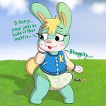  animal_crossing anthro blonde_hair blush clean_diaper clothed clothing diaper diaper_fetish digital_media_(artwork) english_text erection erection_in_diaper fur genitals girly green_body hair hi_res lagomorph leporid male mammal nintendo open_mouth penis rabbit sasha_(animal_crossing) shadyadi smile solo tail tenting text throbbing throbbing_penis wearing_diaper 