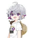  1boy :d animal_on_shoulder blush brown_headwear chibi commentary_request fuwa_minato grey_hair hair_between_eyes hat hat_around_neck highres looking_at_viewer male_focus multicolored_hair nijisanji nozo_(hitomiz) purple_eyes purple_hair shirt short_sleeves simple_background smile solo stag_beetle straw_hat streaked_hair teeth upper_body upper_teeth_only virtual_youtuber white_background white_shirt 