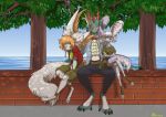  absurd_res anthro asian_mythology big_ears canid canine claws clothed clothing digital_media_(artwork) dragon east_asian_mythology female fluffy fluffy_ears fluffy_tail fur group hair hengeyokai hi_res hooves horn hybrid inner_ear_fluff japanese_mythology liovchick long_ears male male/female mammal mythology paws rinkamo rinkamo(oc) simple_background smile stephanie(rinkamo) striped_body stripes tail trio tuft yokai 