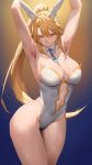  1girl absurdres animal_ears armpits arms_up artoria_pendragon_(fate) artoria_pendragon_(swimsuit_ruler)_(fate) bare_legs blonde_hair blue_necktie blush breasts cleavage detached_collar fake_animal_ears fate/grand_order fate_(series) gradient_background green_eyes groin highres large_breasts leotard looking_at_viewer navel necktie playboy_bunny plunging_neckline ponytail rabbit_ears rororo sidelocks simple_background smile solo white_leotard 