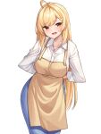  :d absurdres ahoge apron arms_behind_back blonde_hair blue_pants breasts collared_shirt denim feet_out_of_frame highres jeans jingburger large_breasts long_hair looking_at_viewer open_mouth pants red_eyes shirt simple_background smile standing very_long_hair virtual_youtuber waktaverse white_background white_shirt yellow_apron ziro_(zirorong) 