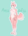  anthro aquafuafu breasts canid canine canis felid feline female fur genitals girly green_eyes hi_res hybrid mammal nude pink_body pink_fur pussy small_breasts solo uncensored wolf young 