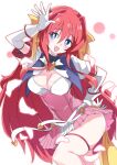  1girl :d beat_angel_escalayer blue_eyes blush bow breasts cleavage escalayer gloves hair_between_eyes hair_bow hand_on_own_hip hand_up ixy kouenji_sayuka long_hair looking_at_viewer magical_girl medium_breasts open_mouth pink_skirt red_hair skirt smile solo thigh_strap thighs two-tone_skirt very_long_hair white_gloves white_skirt yellow_bow 