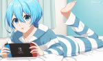  1boy barefoot bed blue_eyes blue_hair blue_lock blue_stripes highres long_sleeves male_focus nintendo_switch open_mouth pajamas panri pants pillow short_hair striped striped_hood striped_pants toes you_hiori 