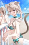  1girl 2boys animal_ears ass beach bikini blonde_hair blue_sky blush breasts brother_and_sister camera cat_ears cat_girl cat_tail choker closed_eyes freminet_(genshin_impact) genshin_impact highres holding holding_camera looking_at_viewer lynette_(genshin_impact) lyney_(genshin_impact) male_swimwear mayuma_(mayuma_0715) multiple_boys o-ring o-ring_top ponytail purple_eyes siblings sky small_breasts swim_trunks swimsuit tail taking_picture 
