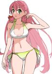  1girl akashi_(kancolle) bikini blunt_tresses breasts gradient_bikini green_eyes hair_ribbon hamukiyo highres kantai_collection long_hair looking_at_viewer medium_breasts official_alternate_costume pink_hair ribbon side-tie_bikini_bottom simple_background smile solo standing swimsuit tress_ribbon white_background 