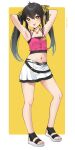  1girl :p animal_print armpits arms_behind_head arms_up bare_legs black_hair camisole character_request commentary crop_top flat_chest full_body hair_between_eyes hair_ribbon heart heart_necklace highres idolmaster idolmaster_cinderella_girls idolmaster_cinderella_girls_u149 jewelry long_hair looking_at_viewer matoba_risa midriff miniskirt navel necklace pinnn ribbon sandals skirt solo spaghetti_strap standing stomach thighs tiger_print tongue tongue_out twintails very_long_hair white_skirt yellow_eyes yellow_ribbon 