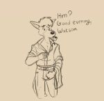  2020 anthro belt bottomwear canid canine canis clothing dialogue domestic_dog dress_shirt exposed_chest froburr fur hair looking_away male mammal monochrome pants sherlock_hound sherlock_hound_(series) shirt sketch smoking_pipe solo talking_to_another topwear unbuttoned_shirt 