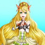  1girl bare_shoulders blonde_hair blue_background bow butterfly_hair_ornament celine_(fire_emblem) crown detached_sleeves dress fire_emblem fire_emblem_engage flower green_bow green_eyes hair_flower hair_ornament highres long_hair looking_at_viewer lost_(su-pa-buru) open_mouth orange_bow own_hands_together solo teeth very_long_hair wrist_bow 