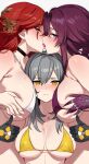  3girls between_breasts bikini black_choker black_gloves blush breasts brown_eyes choker double_thumbs_up eyewear_on_head face_between_breasts gloves grabbing_own_breast grey_hair head_between_breasts highres himeko_(honkai:_star_rail) honkai:_star_rail honkai_(series) kafka_(honkai:_star_rail) kiss large_breasts long_hair looking_at_viewer mole mole_on_breast multiple_girls ndgd purple_bikini purple_eyes purple_gloves purple_hair red_hair stelle_(honkai:_star_rail) sunglasses swimsuit thumbs_up tongue trailblazer_(honkai:_star_rail) white_bikini yellow_bikini yellow_eyes yuri 