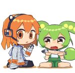  2girls a.i._voice adachi_rei amputee android barefoot black_pantyhose blush_stickers chibi commentary_request crying crying_with_eyes_open expressionless full_body furrowed_brow gloves green_hair green_shorts grey_skirt hand_up headlamp headset highres holding_another&#039;s_arm hood hood_down hooded_jacket jacket konohoshi long_hair looking_at_another low_ponytail medium_hair multiple_girls orange_eyes pantyhose seiza severed_arm severed_limb shorts simple_background sitting skirt suspender_shorts suspenders tears trembling utau voiceroid voicevox wariza wavy_eyes wavy_mouth white_background white_gloves white_jacket zundamon 