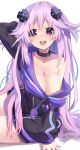  1girl absurdres adult_neptune arm_behind_head bare_legs black_choker black_jacket blush breasts choker cleavage collarbone commentary_request d-pad d-pad_hair_ornament hair_between_eyes hair_ornament highres hood hood_down hooded_jacket jacket large_breasts long_hair long_sleeves looking_at_viewer neptune_(series) off_shoulder open_mouth partial_commentary purple_eyes purple_hair shin_jigen_game_neptune_vii simple_background sitting smile solo teeth upper_teeth_only very_long_hair white_background wimawi 