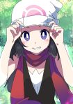  1girl beanie black_eyes black_hair blush bright_pupils commentary dawn_(pokemon) forest hat ixy long_hair looking_at_viewer nature outdoors pokemon pokemon_(game) pokemon_dppt red_scarf revision scarf smile solo upper_body white_headwear white_pupils 