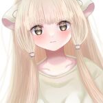  1girl blonde_hair blush chii chobits closed_mouth collarbone hachiware_jimusho highres long_hair robot_ears simple_background smile solo straight_hair upper_body white_background yellow_eyes 